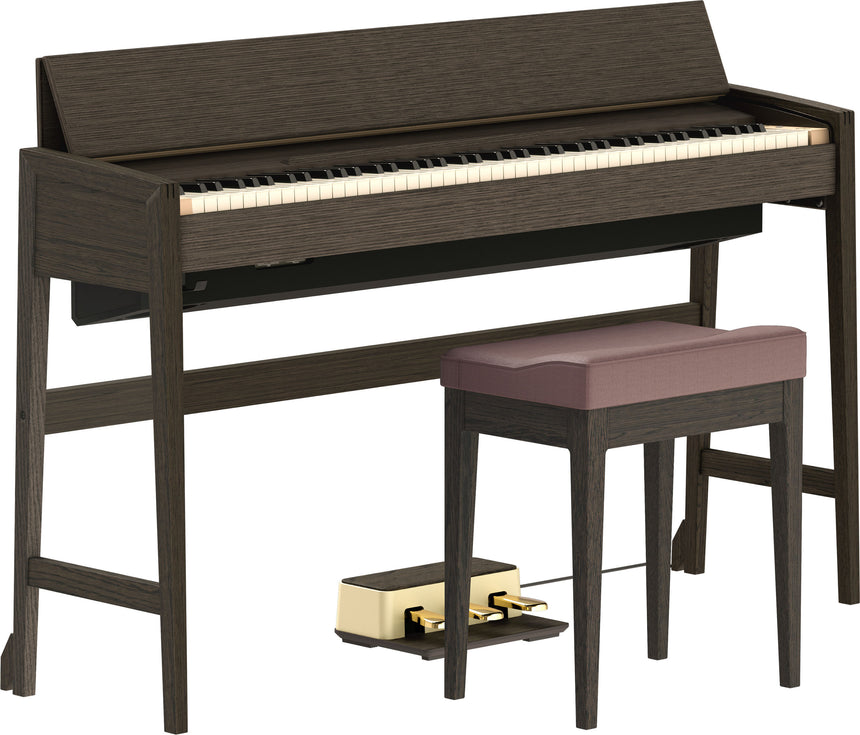 Roland KIYOLA KF-25 Smoked Oak – Seitenansicht mit Pianobank und 3-Pedal-Einheit