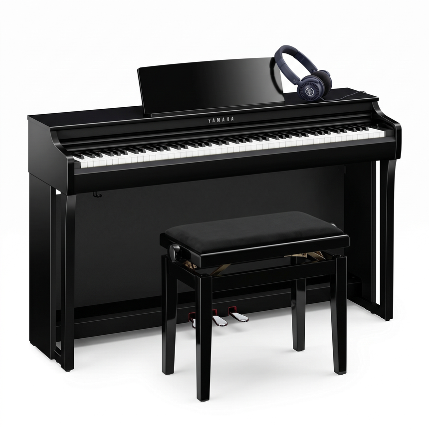 Yamaha CLP 825 Schwarz Poliert Bundle mit Bank und Kopfhörer – bundle-hero