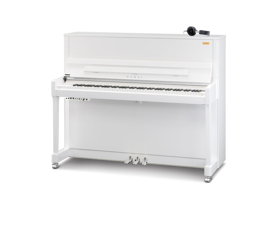 Kawai K-300 AURES 2 upright piano in polished white with chrome fittings and AURES control unit