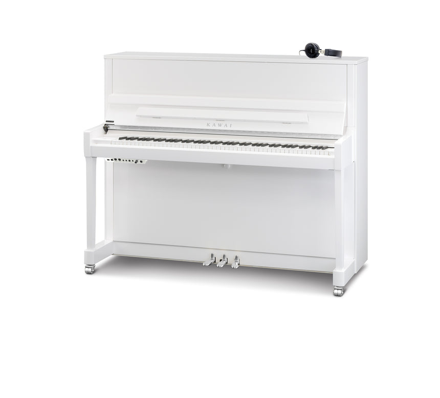 Kawai K-300 ATX4 upright piano in polished white with chrome fittings and ATX4 control unit