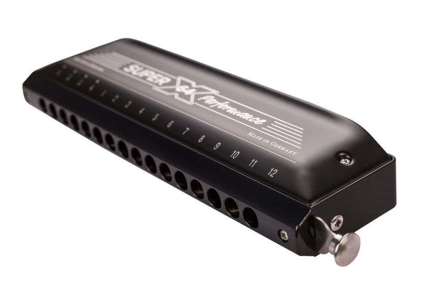 Hohner Super 64X Performance harmonica in black – three-quarter view