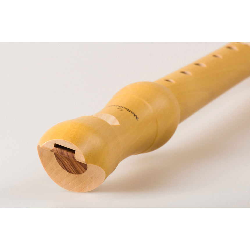 Flûte à bec soprano Mollenhauer Student 1042, poirier naturel clair, doigté baroque – détail du bec et du canal d’air