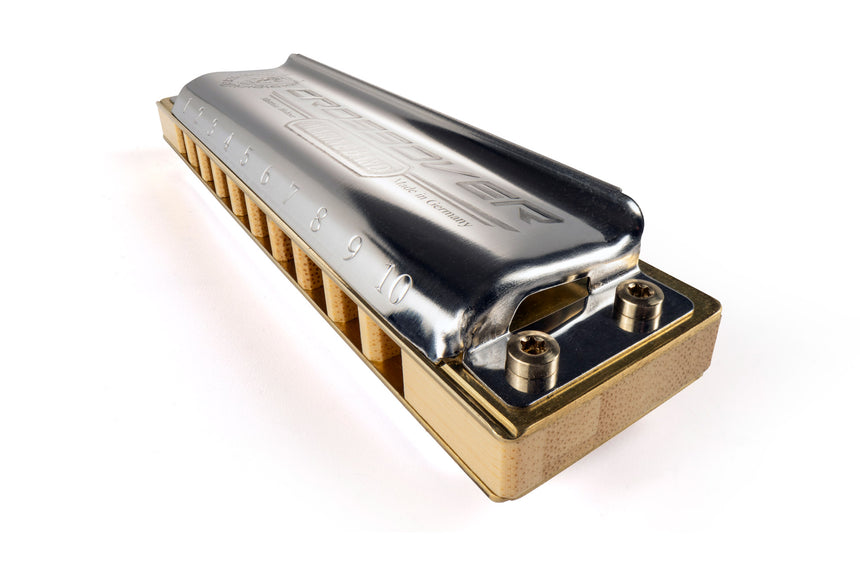 Hohner Marine Band Crossover harmonica, stainless steel and bamboo – angled cover and reed chamber detail