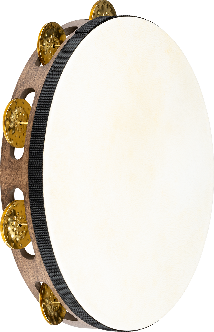 Meinl TAH1V-WB Tambourin, Walnut Brown, Messingschellen – schräge Ansicht auf Naturfell und Schellen