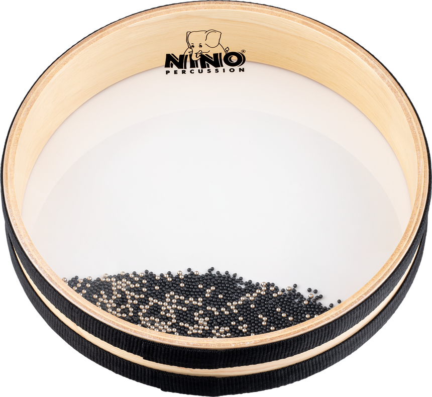 NINO Percussion NINO34 10-inch natural-wood sea drum – angled view of the rim and clear head
