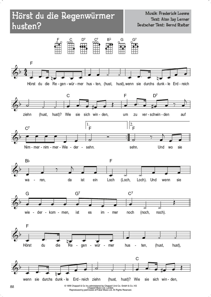 Notenseite 88 mit Melodie, Text und Akkorddiagrammen für Ukulele.