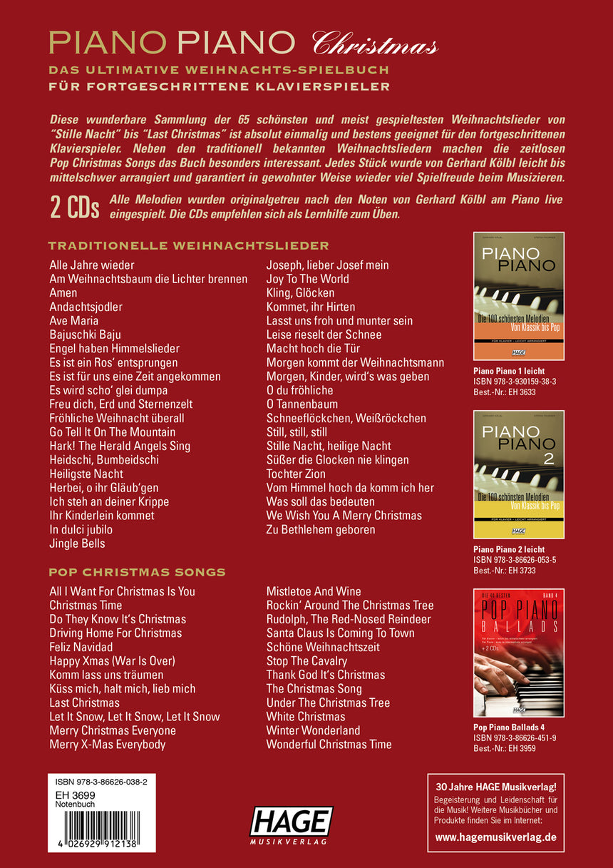 Rückseite von Piano Piano Christmas (EH 3699) mit Beschreibung, Songauswahl und ISBN/EAN.