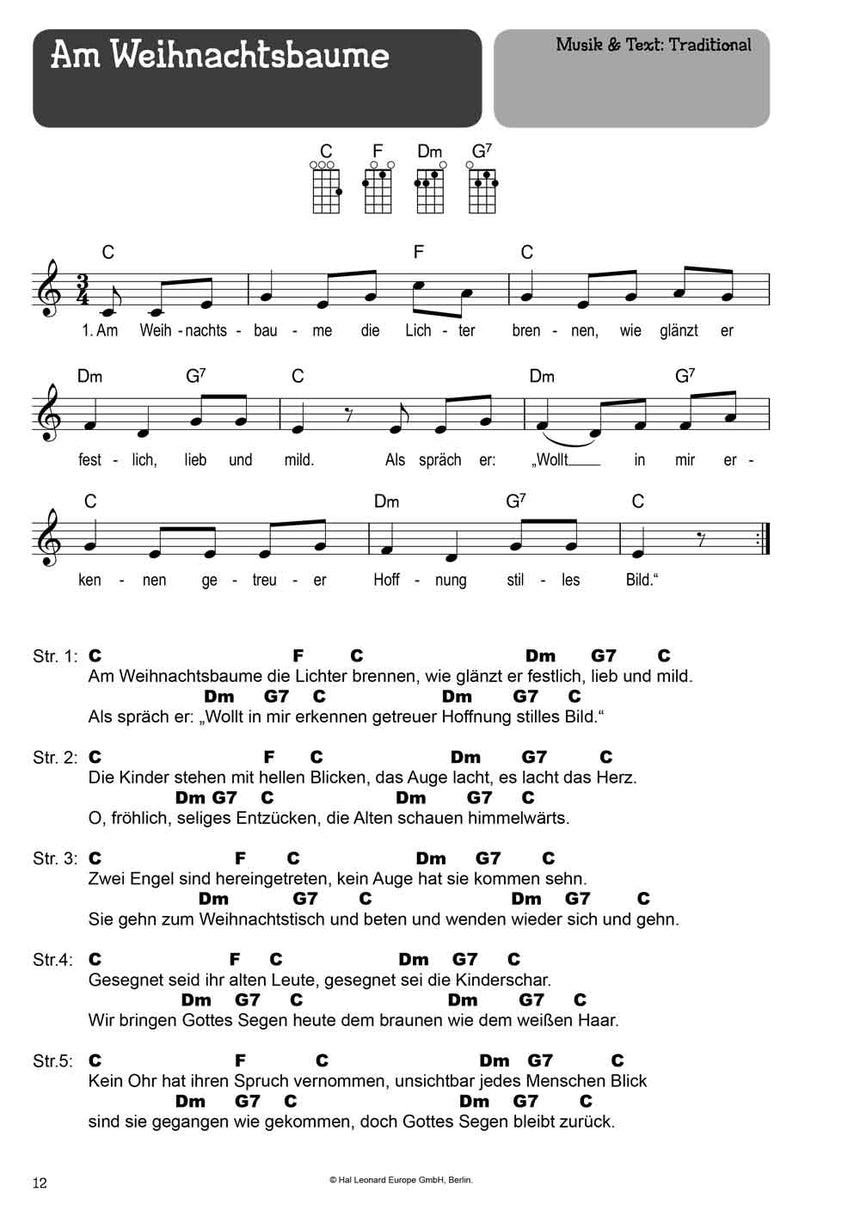 100 Kinderlieder für Ukulele Band 2 BOE7964 – Notenbeispiel Am Weihnachtsbaume