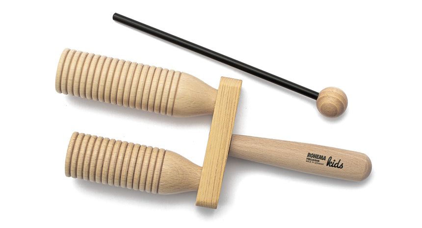 ROHEMA 61544 two-tone wooden agogo in natural lacquered beech with beater