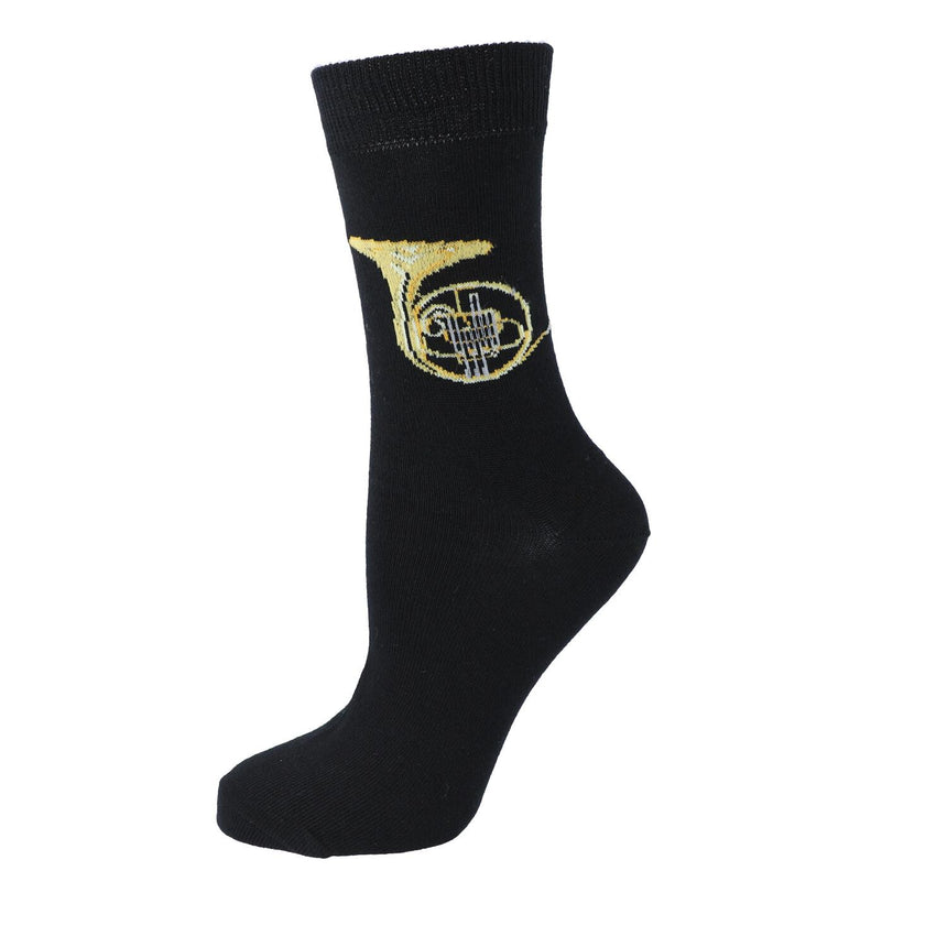 Kübler SOHR Horn Socken – schwarze Socke gespannt, Motiv Horn auf weißem Hintergrund