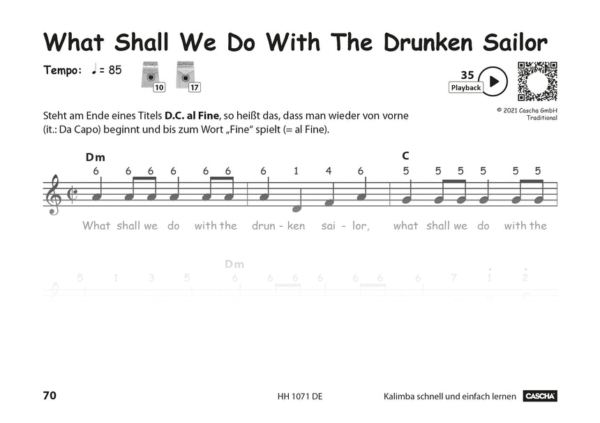 CASCHA Kalimba schnell und einfach lernen HH1071DE, Notenbeispiel, Seite 70