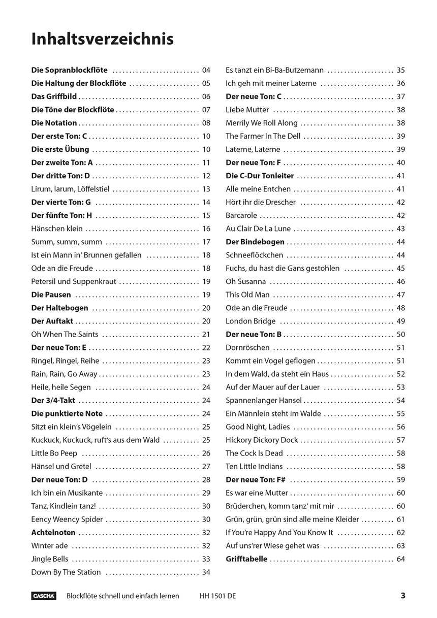 CASCHA HH1501DE recorder method book, German edition, table of contents, page 3