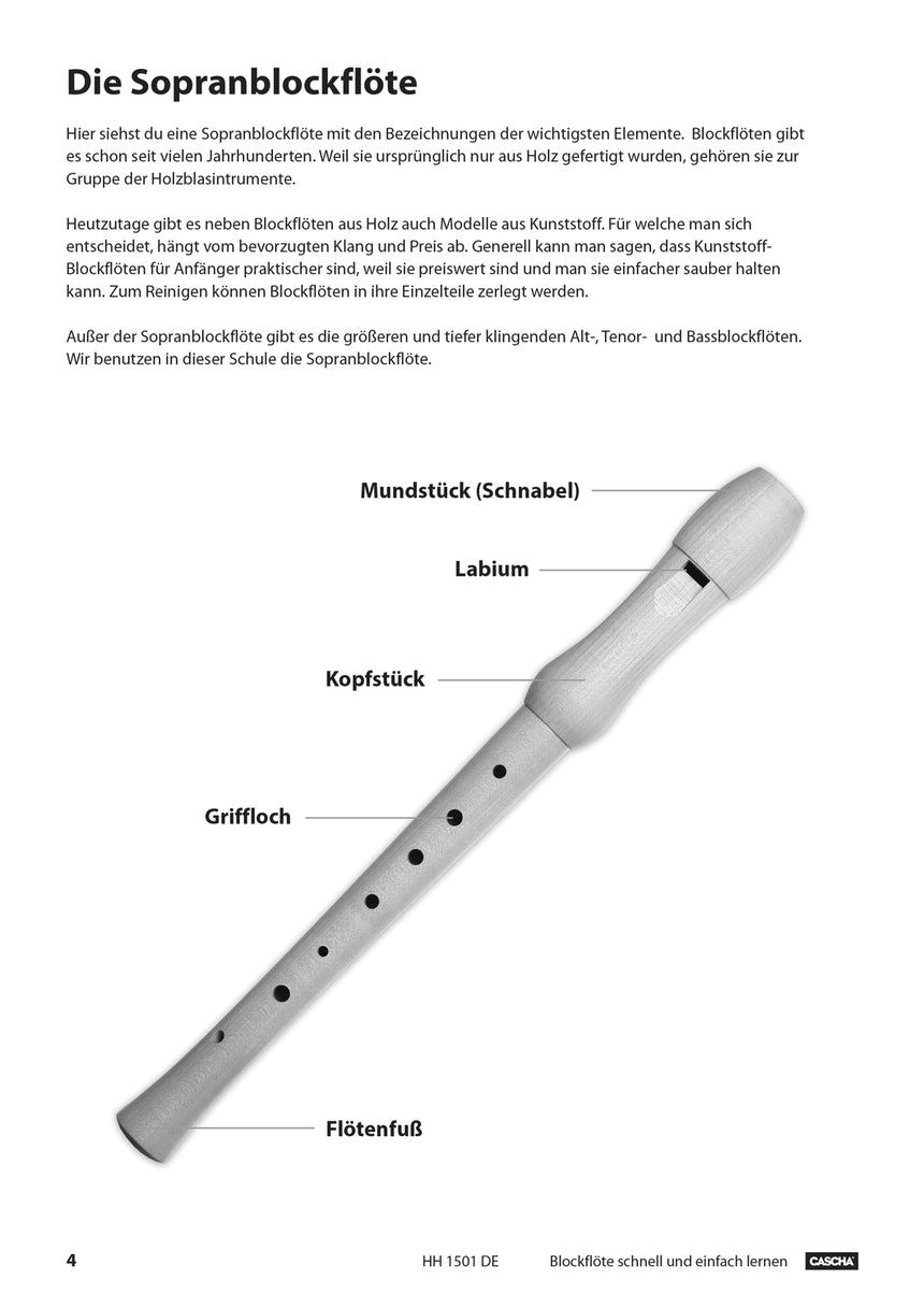 CASCHA HH1501DE recorder method book, German edition, parts of the soprano recorder, page 4