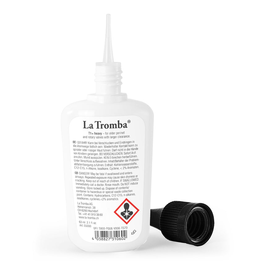 La Tromba T1+ Extra Heavy valve oil, 63 ml bottle with dispensing tip uncovered.