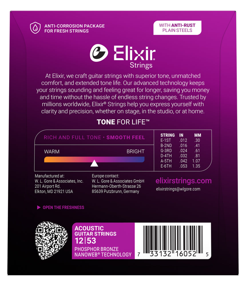 Elixir 16052 NANOWEB Phosphor Bronze 12/53 Light – back of package with gauges and product number
