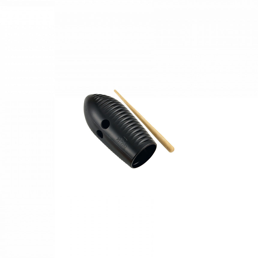 Black NINO Mini Guiro NINO581BK with wooden scraper – front three-quarter view