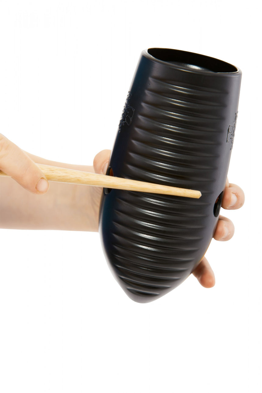 Black NINO Mini Guiro NINO581BK – angled playing view with wooden scraper
