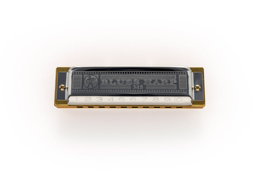 Hohner Blues Harp MS, brown wooden comb and metal covers – top view