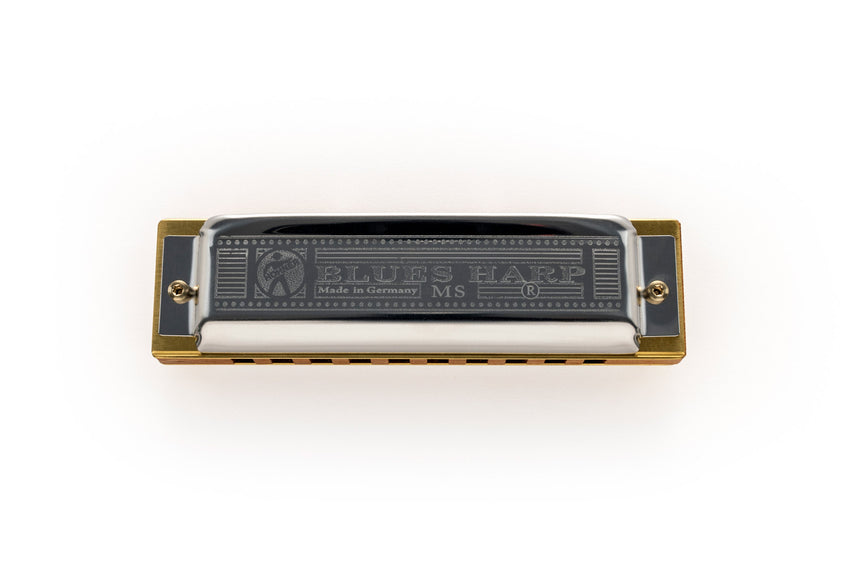Hohner Blues Harp MS, brown wooden comb and metal covers – opposite top view