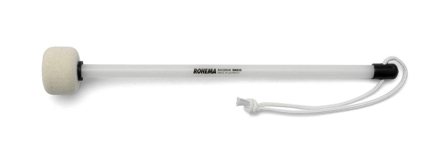 Rohema BM850 61850 marching drum mallet with a hard white felt head and plastic shaft, side view.