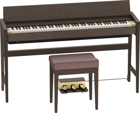 Roland KIYOLA KF-25 Digitalpiano in Smoked Oak mit geöffnetem Tastaturdeckel und Pianobank