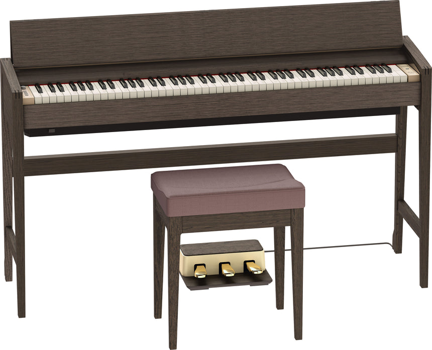 Roland KIYOLA KF-25 Digitalpiano in Smoked Oak mit geöffnetem Tastaturdeckel und Pianobank