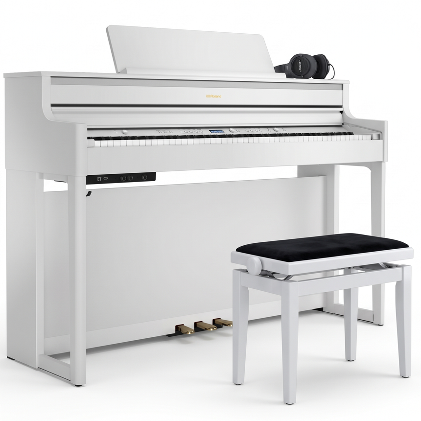 Roland HP-704 Bundle Weiß Matt mit Bank und Kopfhörer – bundle-hero