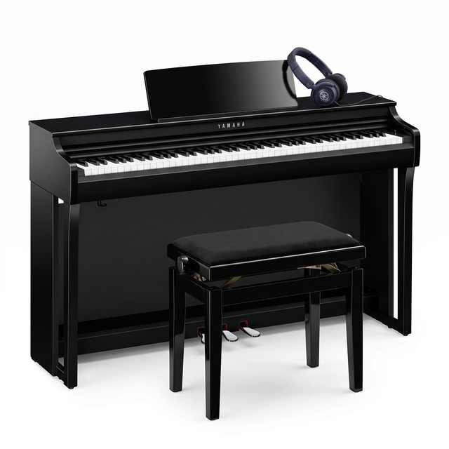 Yamaha CLP 825 Schwarz Poliert Bundle mit Bank und Kopfhörer – bundle-hero