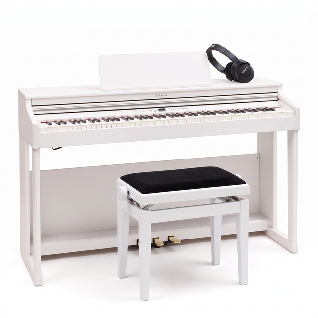 Roland RP 701 Weiß Matt Bundle mit Bank und Kopfhörer – bundle-hero