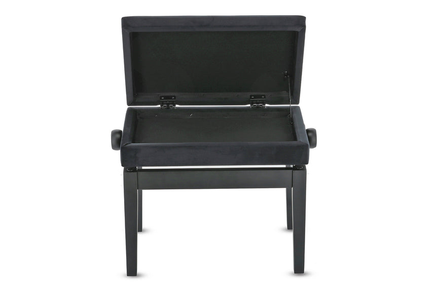 Banquette de piano GEWA 130.500, noir mat – compartiment à partitions ouvert, vue de face