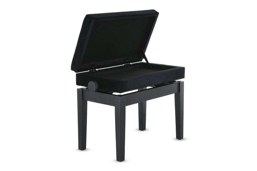 Banquette de piano GEWA 130.500, noir mat – compartiment à partitions ouvert, vue oblique