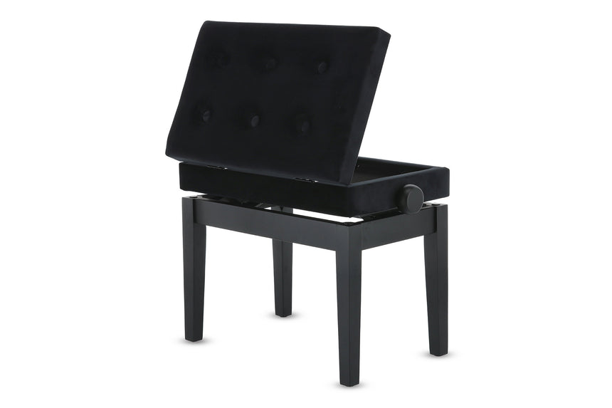 Banquette de piano GEWA 130.500, noir mat – compartiment à partitions ouvert, vue arrière