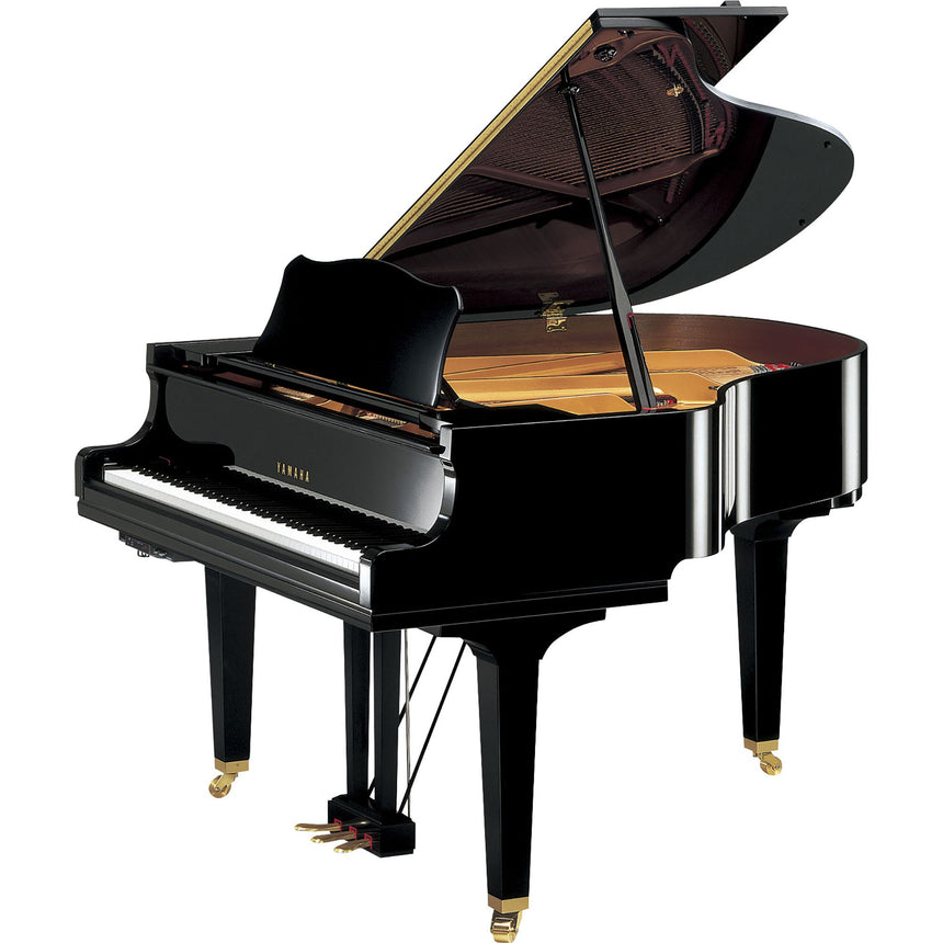 Yamaha GC1 TA3 grand piano in polished ebony with open lid and TransAcoustic control unit