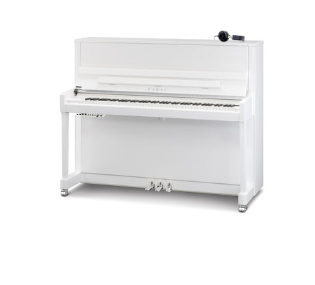 Piano droit Kawai K-300 ATX4 blanc poli avec ferrures chromées et commande ATX4