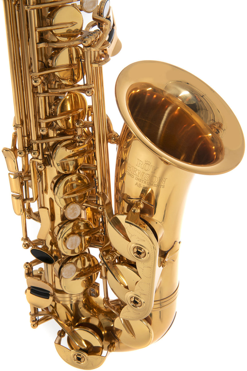 Saxophone alto Roy Benson AS-202 verni doré – détail du pavillon et des clés