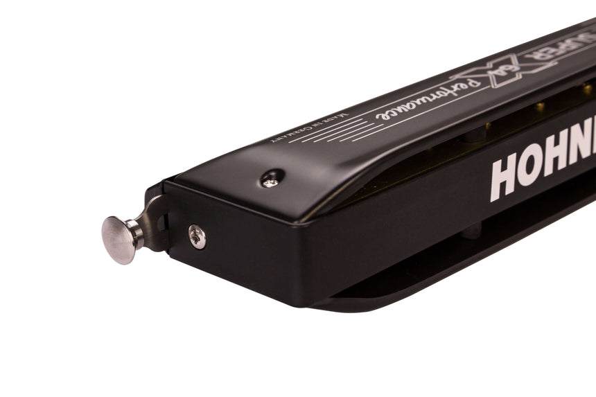 Hohner Super 64X Performance harmonica in black – three-quarter view