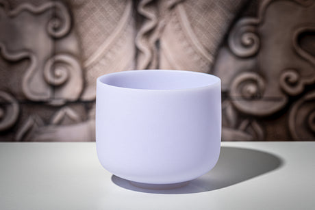 Meinl CSBA8B amethyst crystal singing bowl in purple – in an indoor setting