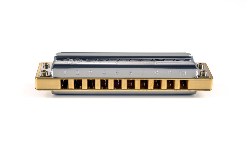 Hohner Marine Band Crossover harmonica, stainless steel and bamboo – front view of reed chamber openings