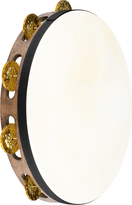 Meinl TAH1V-WB tambourine in Walnut Brown with brass jingles – angled view of natural skin and jingles