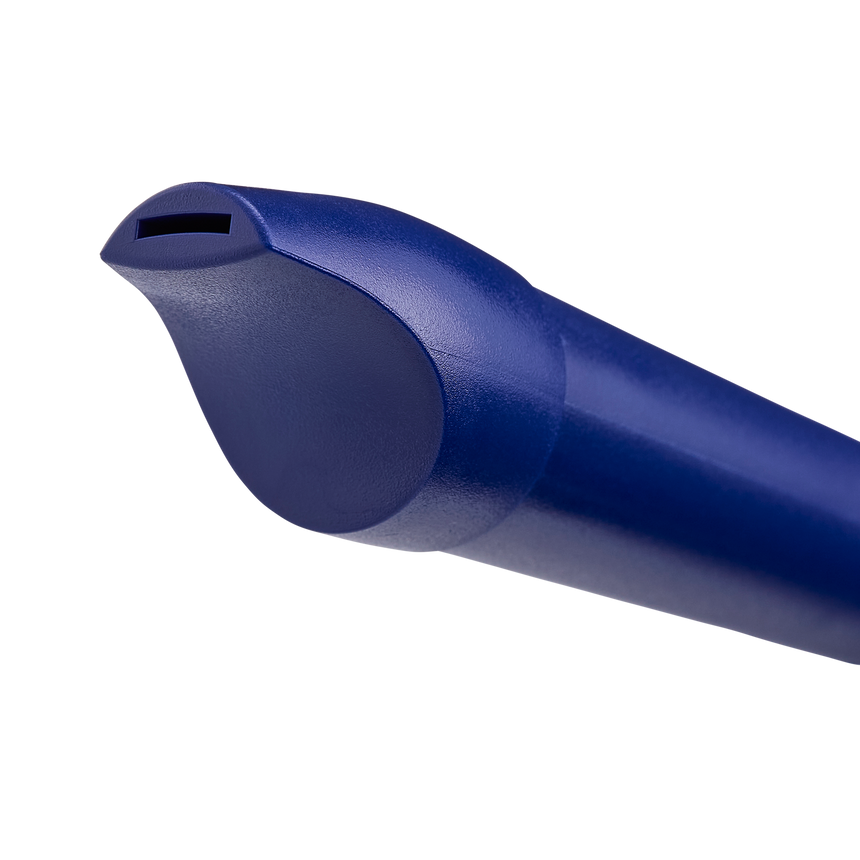 Flûte à bec soprano Moeck Flauto 1 Plus 1023 bleue, doigté baroque – détail de la tête bleue et de l’embouchure