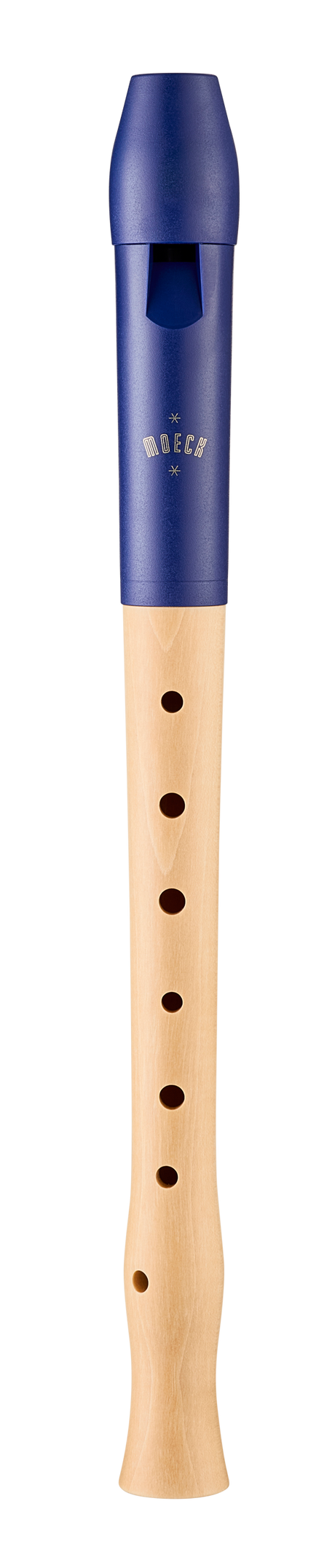 Flûte à bec soprano Moeck Flauto 1 Plus 1024 bleue et érable naturel – vue de face avec canal visible