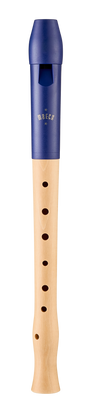 Flûte à bec soprano Moeck Flauto 1 Plus 1024 bleue et érable naturel – vue de face avec canal visible