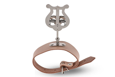 Nickel-plated GEWA 730.490 flute lyre with brown leather armband, front view