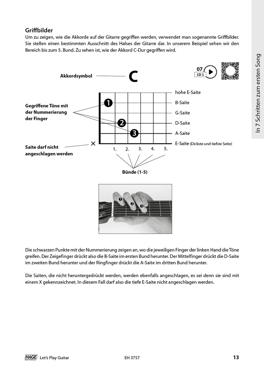 Let's Play Guitar Band 1 – Innenseite mit C-Akkord und Griffdiagramm