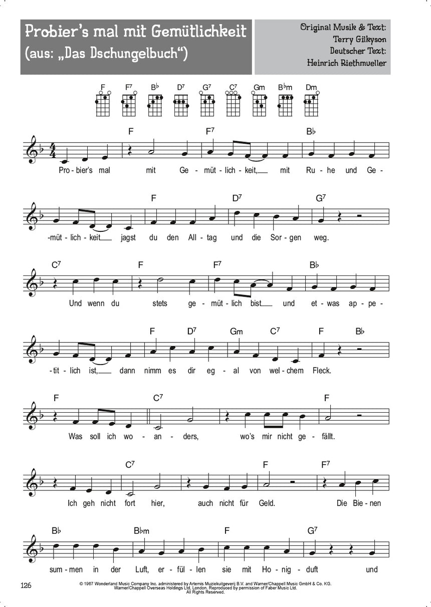Notenseite 126 mit Melodie, Text und Akkorddiagrammen für Ukulele.