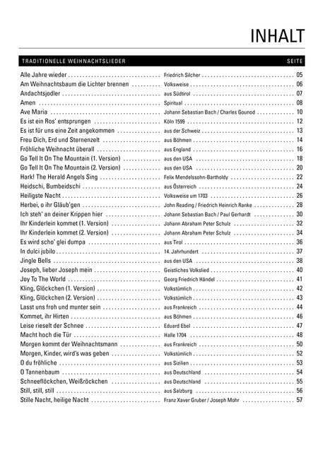 Table des matières des chants de Noël traditionnels avec leurs pages.