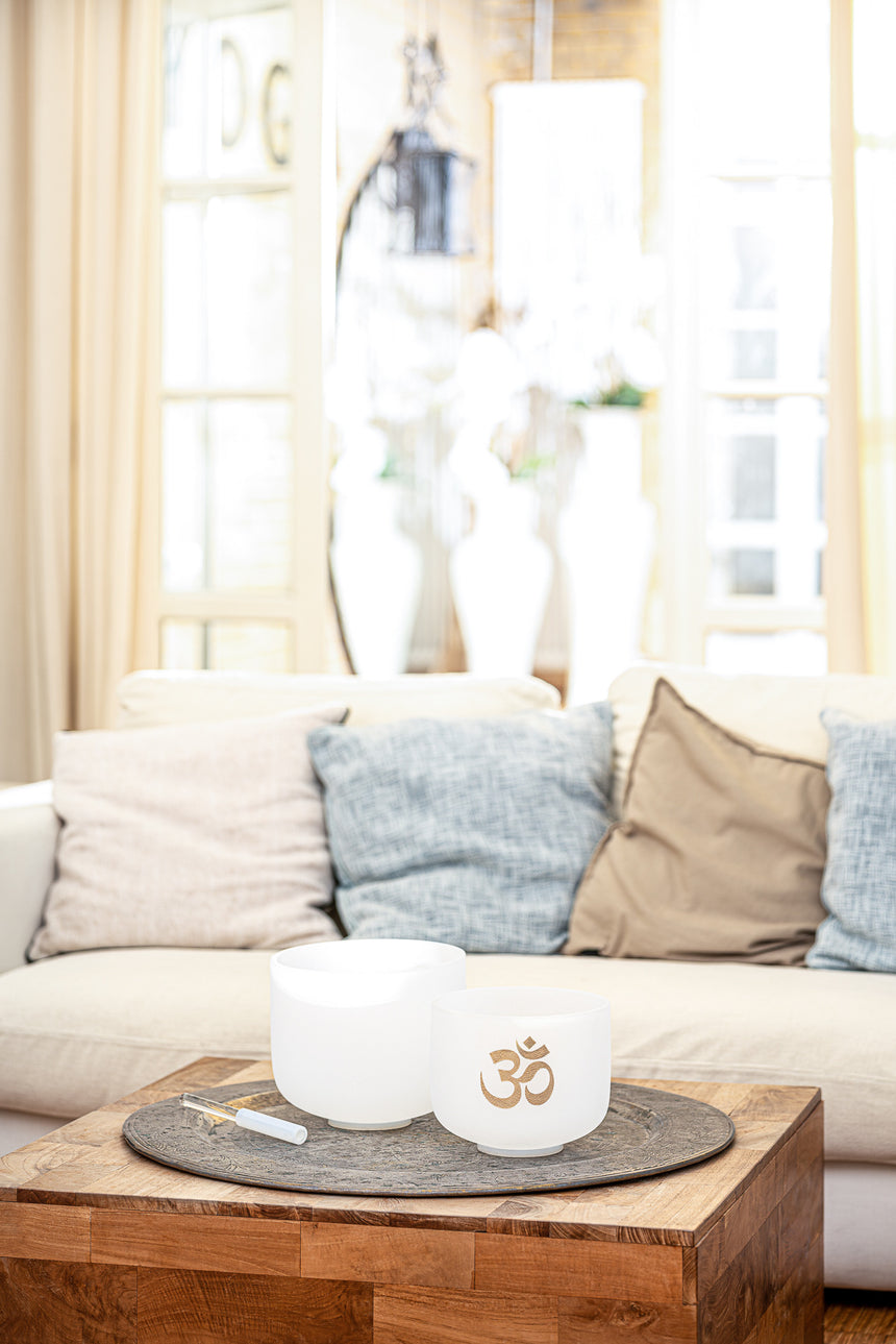Meinl Sonic Energy CSBRHM Medium rod – living-room scene with a crystal singing bowl