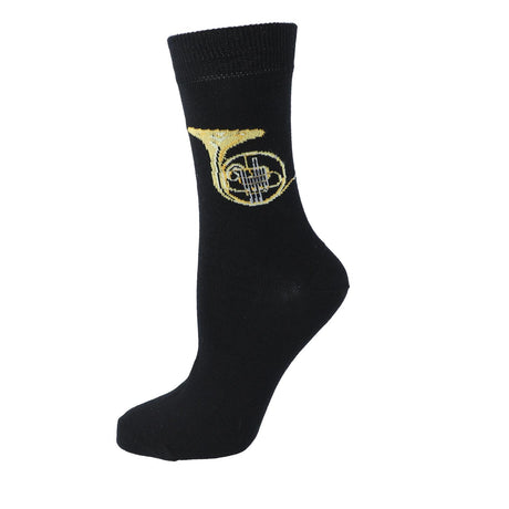 Chaussette Kübler noire tendue, motif cor, sur fond blanc