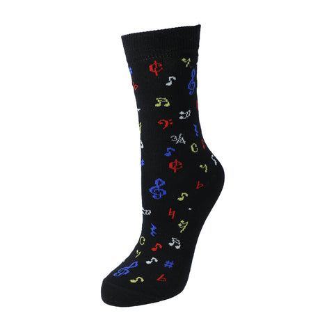 Chaussette Kübler noire tendue, motif notes de musique multicolores, sur fond blanc