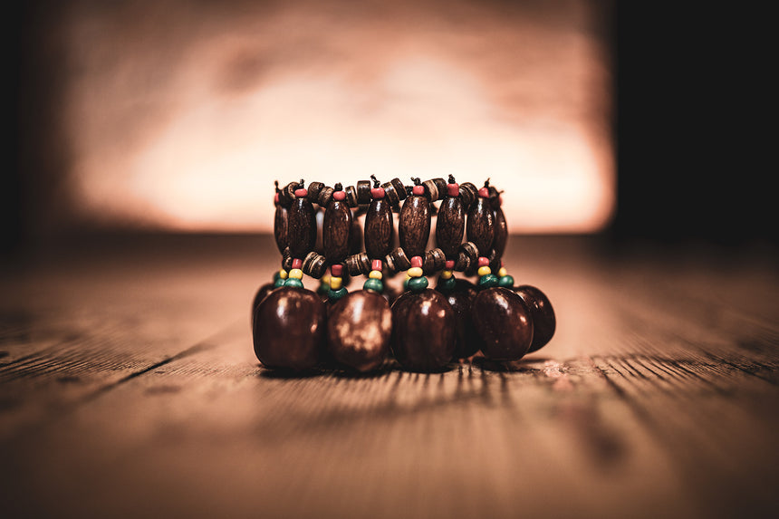 MEINL Sonic Energy Pala bracelet SPB with brown seed shells, on wood, side view in warm light